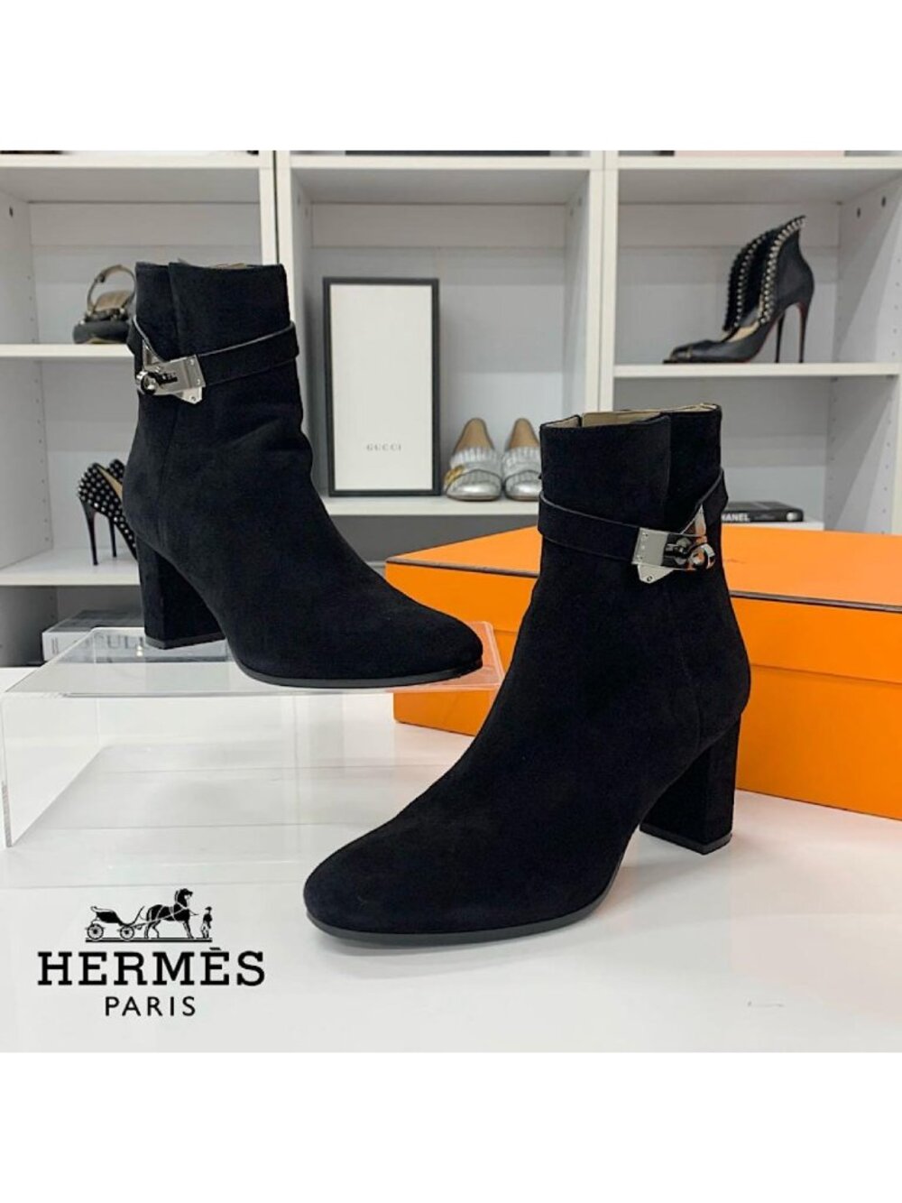 Hermes Saint Germain Kelly Suede Short Boots Black